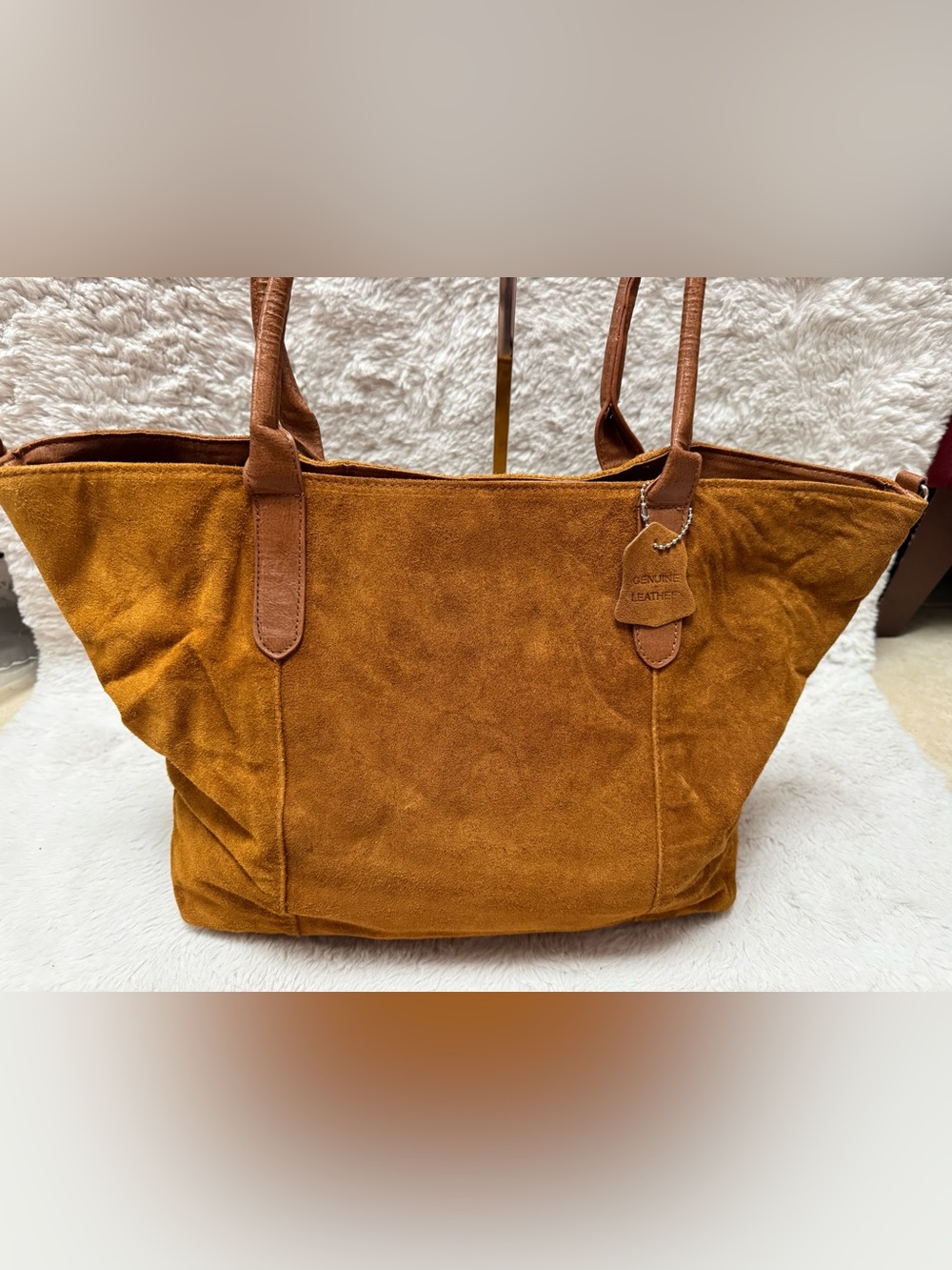 Suede Tote Bag in Cognac Brown with Leather Trim